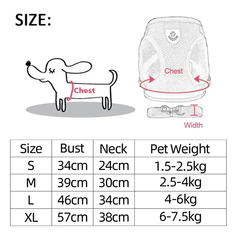 Adjustable Reflective Pet Harness & Leash Set – Soft Mesh Vest for Small Dogs & Cats.
