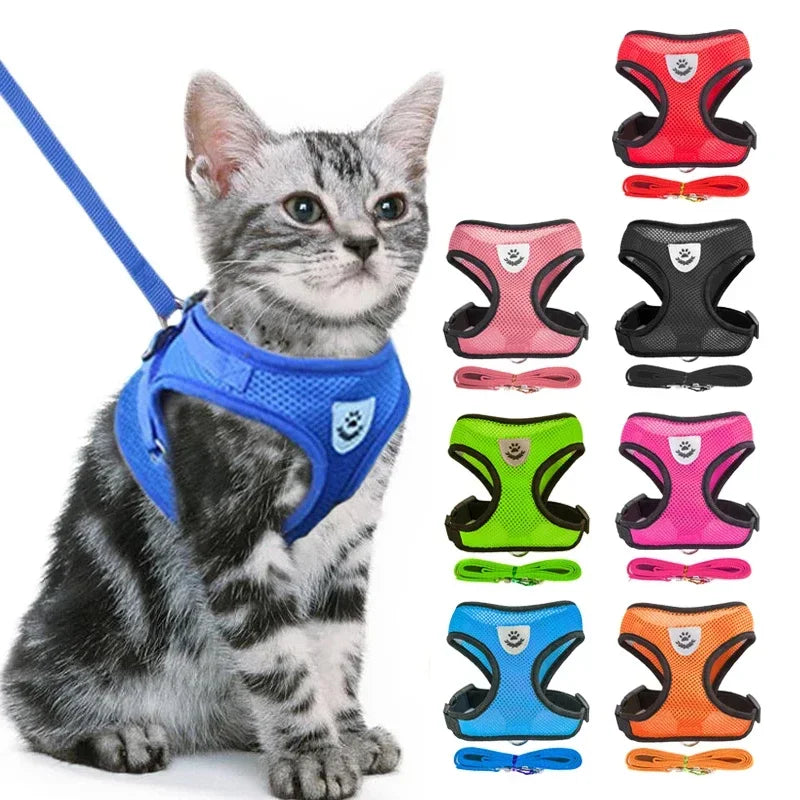 Adjustable Reflective Pet Harness & Leash Set – Soft Mesh Vest for Small Dogs & Cats.